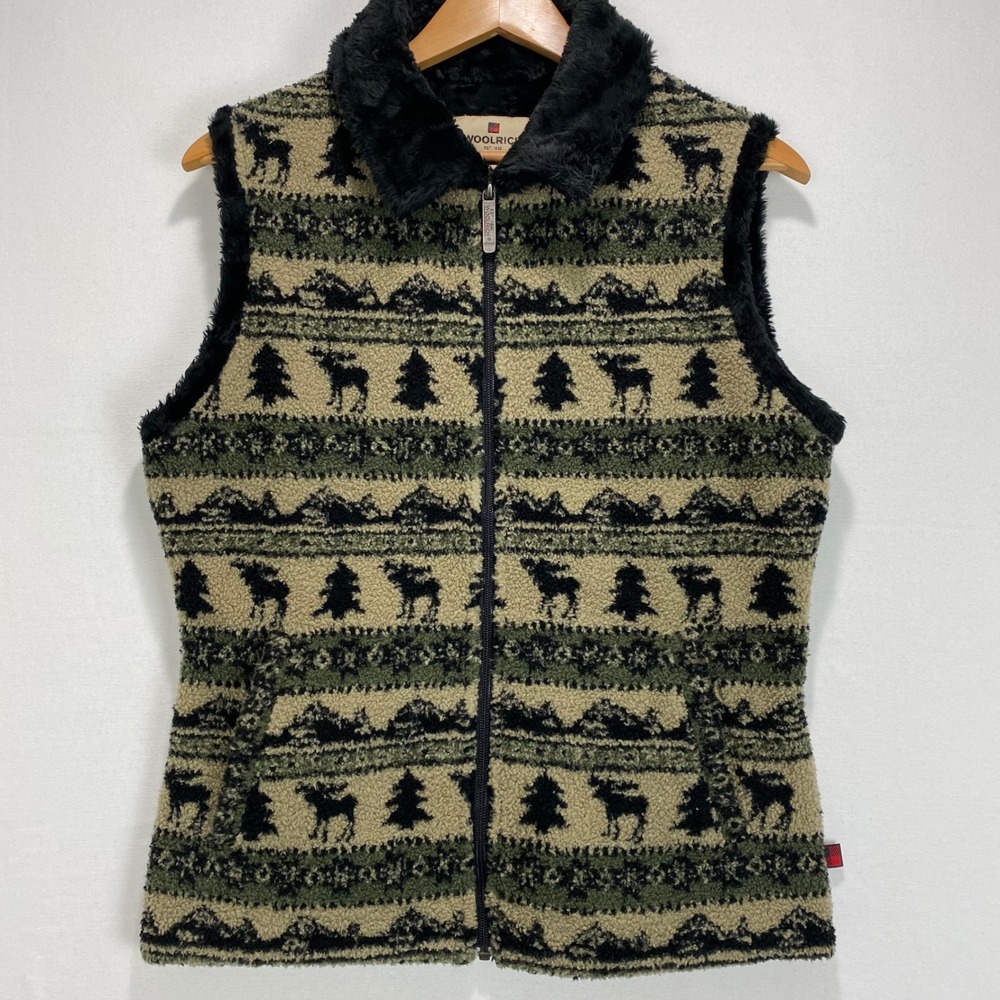 Woolrich Green Black Patterned Sherpa Zip Vest